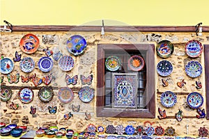 Hand made ceramics display at a street bazaar.