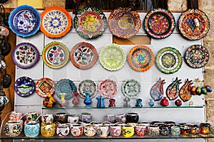 Hand made ceramics display at a street bazaar.