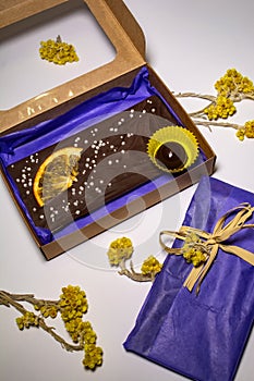 Hand made chocolate with fruit pieces, packed