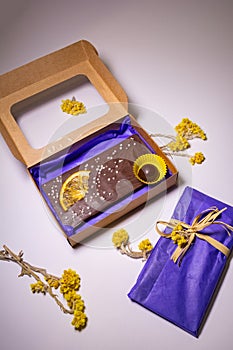 Hand made chocolate with fruit pieces, packed