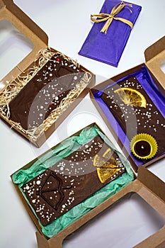 Hand made chocolate with fruit pieces, packed