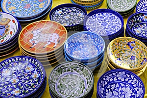 Hand made colorful ceramic pottery. Hand painted pottery. Traditional pottery fair in Pune, India