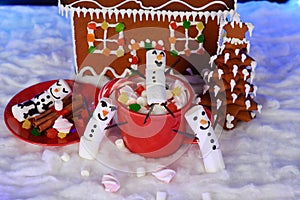 The hand-made eatable gingerbread house, marshmallow snowman  in mag,  New Year tree, snow decoration, garland snow