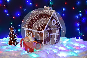 The hand-made eatable gingerbread house, marshmallow snowman  in mag,  New Year tree, snow decoration, garland snow