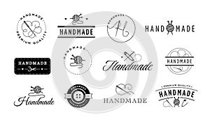 Hand made emblem. Craft knitwear label, knitting and sewing badges with yarn, needle and thread vector illustration set
