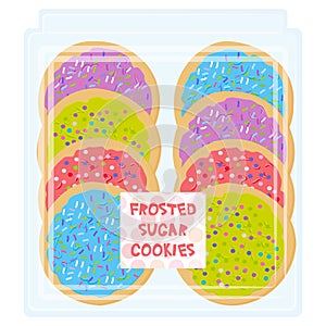 Hand made Frosted sugar Italian Freshly baked cookie with pink violet blue green frosting and sprinkles, Freshly baked in transpar