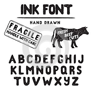 Hand Made Ink stamp font. Handwritten alphabet. Vintage retro textured hand drawn typeface with grunge effect, good for custom log