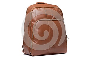 Hand made leather brown women`s backpack on a white background