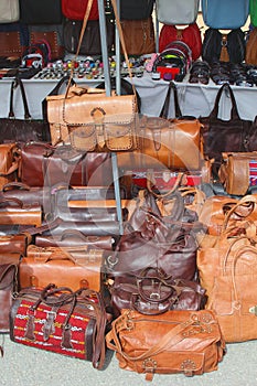 Hand made leather handbags market Sineu, Majorca, Spain