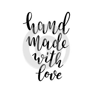 Hand made with love writing, isolated vector lettering logo, brush pen calligraphy, inspiration quote for craft studio.