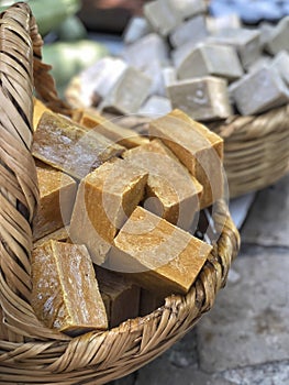 Hand made natural soap bars in basket