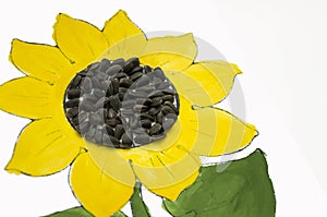 Hand-made picture of lovely sunflower. Painted with yellow and green gouache and glued black seeds. Art on the white background