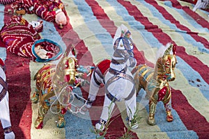 Hand made Rajasthani colourful dolls of horses, displayed for sale at Mehrangarh Fort, Jodhpur, Rajasthan. Famous for colors and