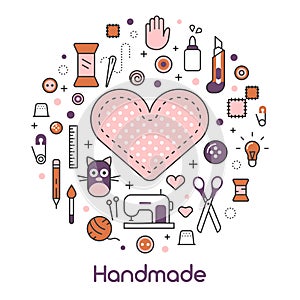 Hand Made Sewing Crafting Line Art Thin Icons Set with Tools and Accessories