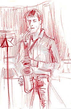 Hand made Sketch of saxophonist playing music on stage pencil on the paper interior design poster