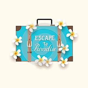 Hand made summer lettering and suitcase with tropical flowers. Summer hand written Calligraphy