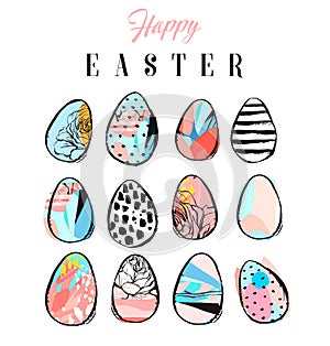 Hand made vector abstract collage textured colored Easter eggs collection set isolated on white background.Easter design