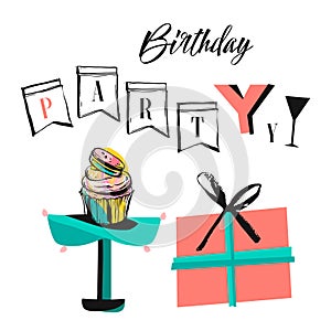 Hand made vector abstract Happy Birthday greeting collage with cupcake stand,gift box and modern quote Birthday party