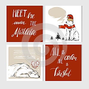 Hand made vector abstract Merry Christmas greeting cards set with cute xmas polar bear characters in winter clothing and