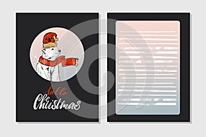 Hand made vector Merry Christmas greeting cards set with cute xmas polar bear characters in winter clothing and planner