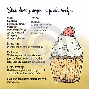 Hand-made vegan cupcake recipe card template with illustration