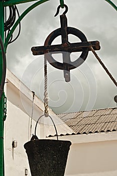 Hand made, water well pulley with a pale