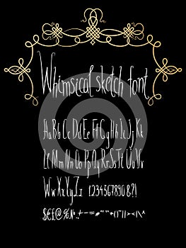 Hand made whimsical sketch font with gold flourish frame.