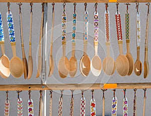 Hand made wooden traditional romanian tablespoons on dispaly photo