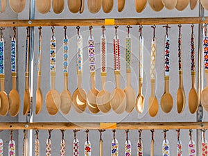 Hand made wooden traditional romanian tablespoons on dispaly photo