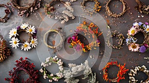 Hand made wreaths from branches and dried flowers. Fair of handicrafts