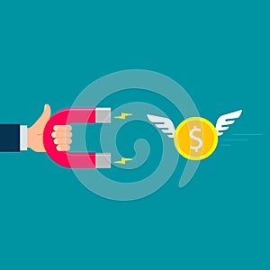 Hand with Magnet attracting flying money investments icon. Flat design, vector illustration