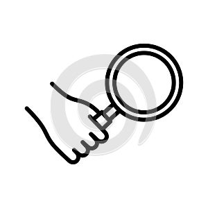 Hand with magnifying glass icon. Close inspection. Search for information