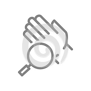 Hand with magnifying glass line icon. Hygiene, human protection, upper extremity symbol