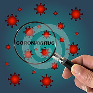 Hand with magnifying glass over coronavirus word