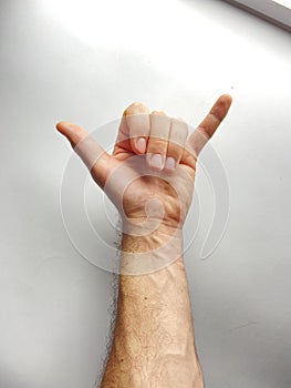 Hand make hang loose yes no sign simbol isolated on white background male female ok gestures finger Caucasian arm clo