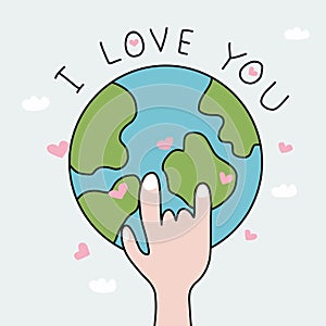 Hand make I love you to earth cartoon illustration doodle style