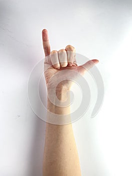 Hand make rang loose sign simbol isolated on white background male female ok gestures finger Caucasian arm clo