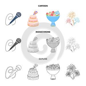 Hand making a cake with cream, a microphone with a cord, a bouquet of roses with a greeting card, a festive salute
