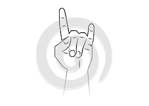 Hand making Devil`s horns, Rock n roll sign, line art style sign, vector isolated on white background