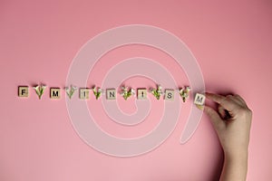 Hand making Fminism word on pink background using wooden blocks