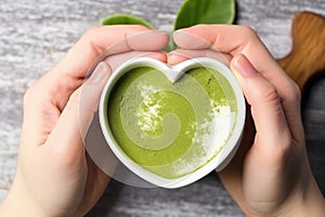hand making heart shape with frothed milk on a matcha latte