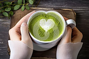 hand making heart shape with frothed milk on a matcha latte