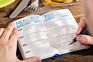 Elevated View Of Human Hand Making Meal Plan On Notebook photo