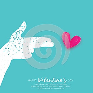 Hand making shape of pointed gun. Person holding Two fingers like a revolver. Love Bang. Pink Heart Shot in paper cut