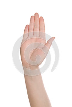 Hand making Stop sign on white background