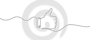 Hand making thumbs-up gesture in continuous line style, vector graphic depicting, representing approval and positivity