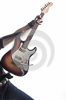 Hand of Male Guitar Player Holding and Demonstrating Guitar.