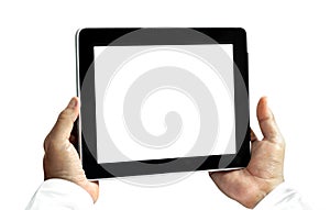 Hand of male holding  mobile tablets isolated on white background.  Tablet computer on white background and blank for your text or