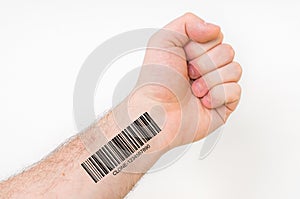 Hand of man with barcode - genetic clone concept