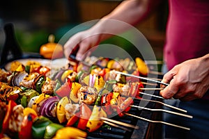 Hand of man with BBQ grill cooking delicious skewers on grilled meat. Food cooked with grilling barbecue